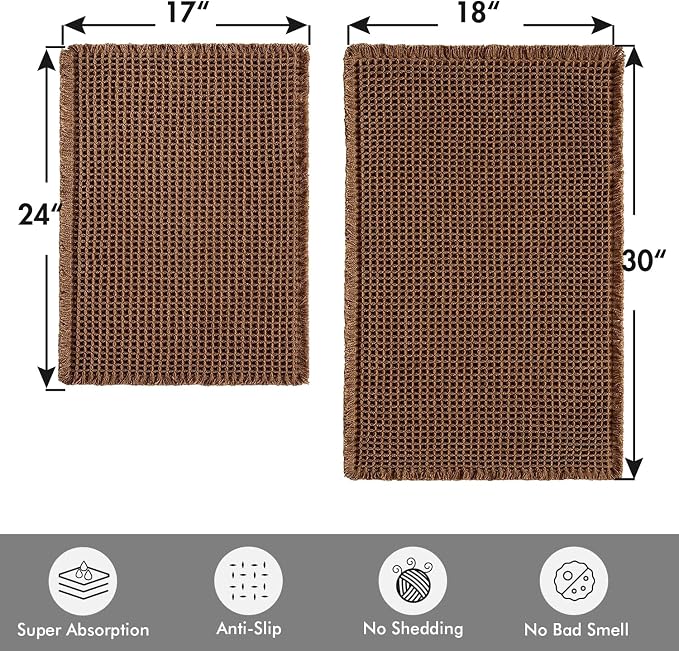 MIULEE Set of 2 Waffle Bathroom Rugs Boho Bath Mat Mocha 17"x24"+18"x30" | Non Slip, Super Absorbent, Washable, Ultra Soft, Rubber Backed, Small Bath Rugs for Bathroom Floor Tub Shower