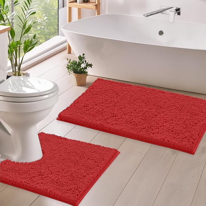 LuxUrux Red Christmas Bathroom Rugs Sets 2 Piece: Quick Dry, Soft Plush Anti-Slip, Super Absorbent. Includes Rectangular (31x20 inches) & U-Shaped Toilet Mat (20x20 inches) | Red