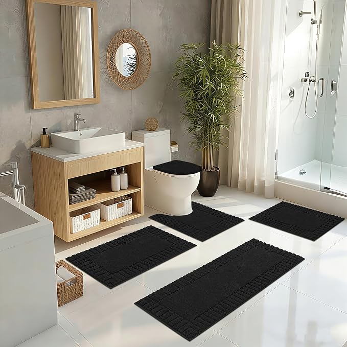 Pauwer Bathroom Rugs Set 5 Piece, Microfiber Bath Mat Set, Black | Non Slip Washable Bath Mat with U Shaped Toilet Rug, Plush Absorbent Shower Rug, Toilet Lid Cover, Quick Dry Floor Carpet