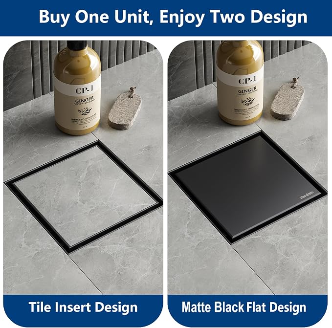 Neodrain Square Shower Drain with Removable Tile Insert Grate,304 Stainless Steel, CUPC Certified, Includes Hair Strainer (Matte Black, 6 in)