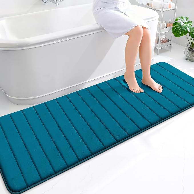 OLANLY Memory Foam Long Bathroom Rugs Runner 70x24, Super Soft Absorbent | Peacock Blue, Quick Dry Bath Mat, Machine Washable Shower Floor Rugs, Bathmat Carpet for Bathroom Floor, Tub and Shower