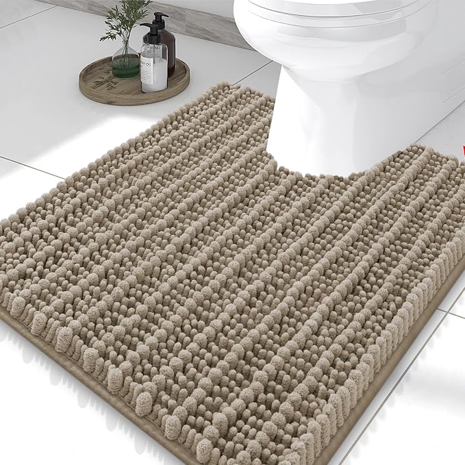 Smiry Bathroom Toilet Rugs U Shaped 24X20, Chenille Bath mats for Toilet | Latte Extra Soft Absorbent Non Slip Rubber Backing Contour Bath Rugs for Toilet, Machine Washable Contoured Bath Mats