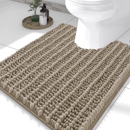 Smiry Bathroom Toilet Rugs U Shaped 24X20, Chenille Bath mats for Toilet | Latte Extra Soft Absorbent Non Slip Rubber Backing Contour Bath Rugs for Toilet, Machine Washable Contoured Bath Mats