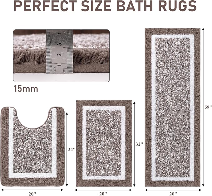 Pauwer Bathroom Rug Sets 3 Piece, Non Slip Washable Bath Mat, Coffee | Soft Plush Microfiber, Super Absorbent Floor Carpet, U Shaped Toilet Mats, Quick Dry, Shaggy Shower Rugs Runners