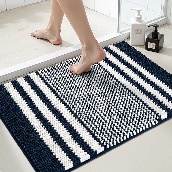 Bathroom Rugs, 20x32 Chenille Bath Mats, Navy Blue | Extra Soft Absorbent, Non Slip Striped, Quick Dry Machine Washable, Modern, Shower Rug for Bathroom Bedroom Decor