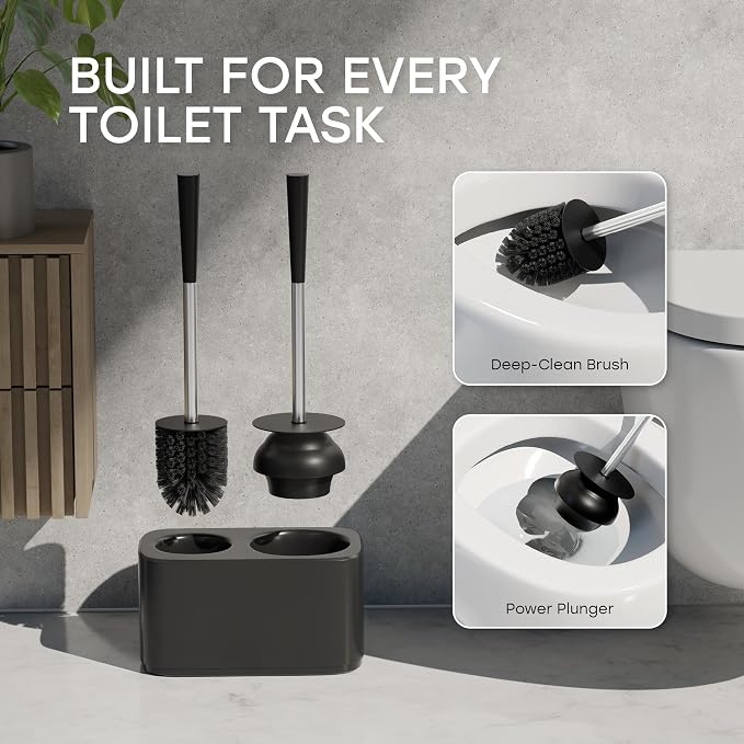 Toilet Bowl Brush and Plunger Combo Set with Holder – Silver | Heavy-duty 2-in-1 toilet plunger and bowl brush combo set with steel handles & plastic caddy in silver