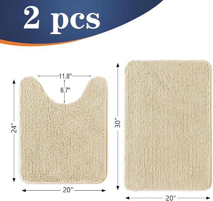 OLANLY Chenille Bathroom Rugs Mats Sets 2 Piece, 30"x20"+24"x20", Beige | Soft Absorbent Bath Mat and U-Shaped Contour Toilet Rug Set, Quick Dry, Machine Washable Bath Carpet, Home Decor Accessories