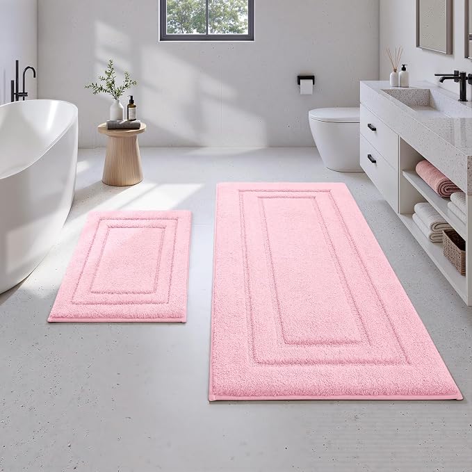 HOMEIDEAS Bathroom Rugs Sets 2 Piece, Soft Extra Long Bath Mat Light Pink | Super Soft and Absorbent Non Slip Microfiber Bath Rug，Machine Washable, for Bathroom, 20" x 47" + 16" x 24"