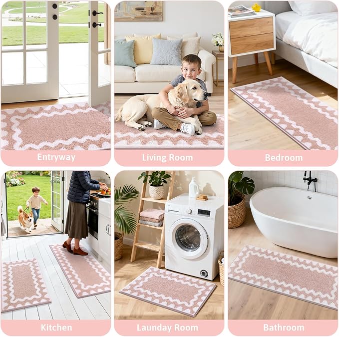 Findosom Bathroom Rugs Sets 5 Piece, Absorbent Soft Non-Slip Bath Rug Set | Washable Microfiber Shaggy Bath Mat Set with Bathroom Runner Rug, U-Shaped Toilet Rugs, Shower Rug & Toilet Lid Cover, Pink