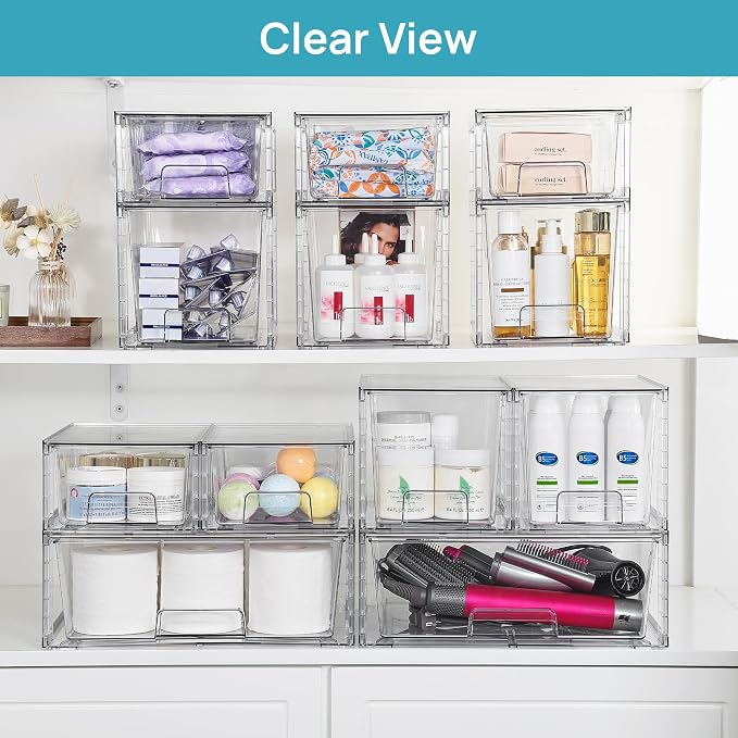 Vtopmart 7 Pack Stackable Storage Drawers, Easily Assemble Clear Plastic Organizer Bins, Storage Drawer Set for Pantry and Kitchen Cabinet Organization, Bathroom or Closet Storage