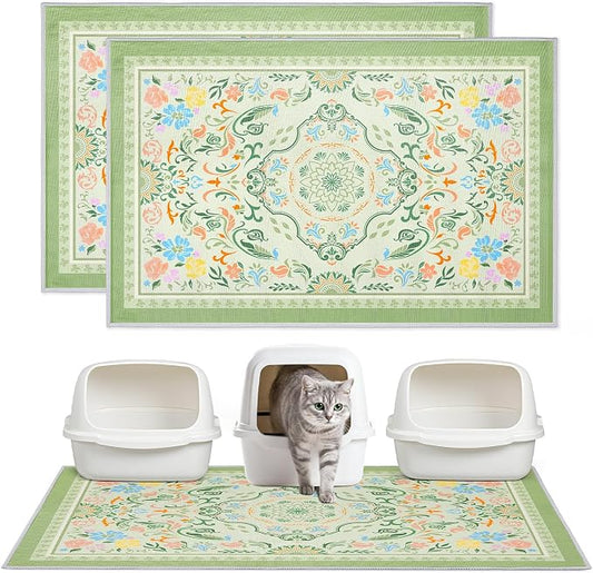 2 Pack Washable Cat Litter Mat 48"x36" Waterproof Trapping Pad | Kitty Litter Box Mat Featuring A Non-Slip Base And Decorative Design To Trap Scatter For Home Floor Protection