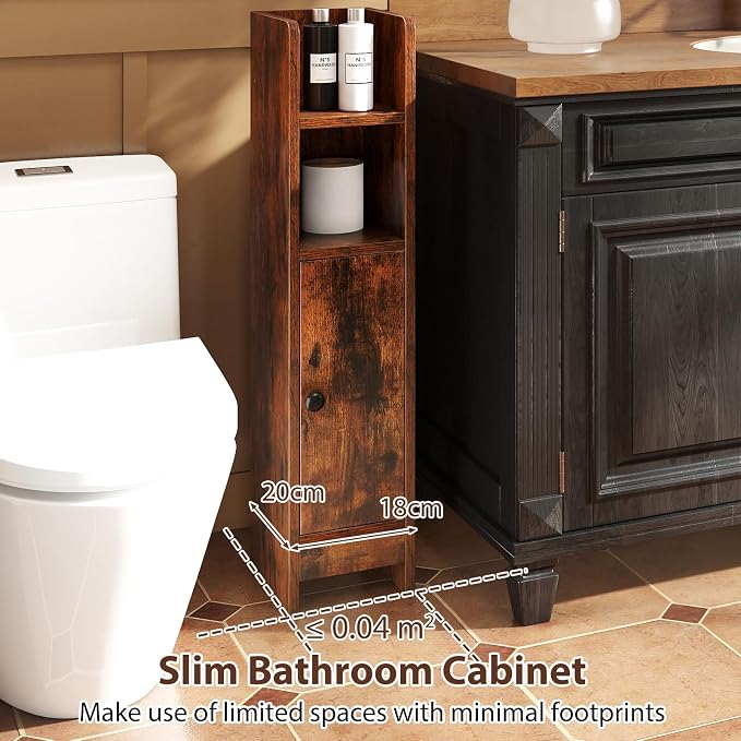 GIANTEX Bathroom Cabinet, Narrow Side Cabinet with Adjustable Shelf, Bathroom Cabinet, Space Saving, Storage Cabinet for Laundry Room, Living Room & Kitchen, 20 x 18 x 80 cm (Brown)