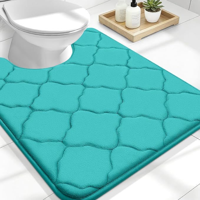 OLANLY Memory Foam Toilet Rugs U-Shaped 24x20, Ultra Soft and Absorbent Bathroom Rugs, Non-Slip, Comfortable, Machine Washable Contour Bath Mat for Toilet Base, Home Decor Accessories, Teal | Thick Absorbent Carpet, Non-Slip Backing, Machine Washable, ...