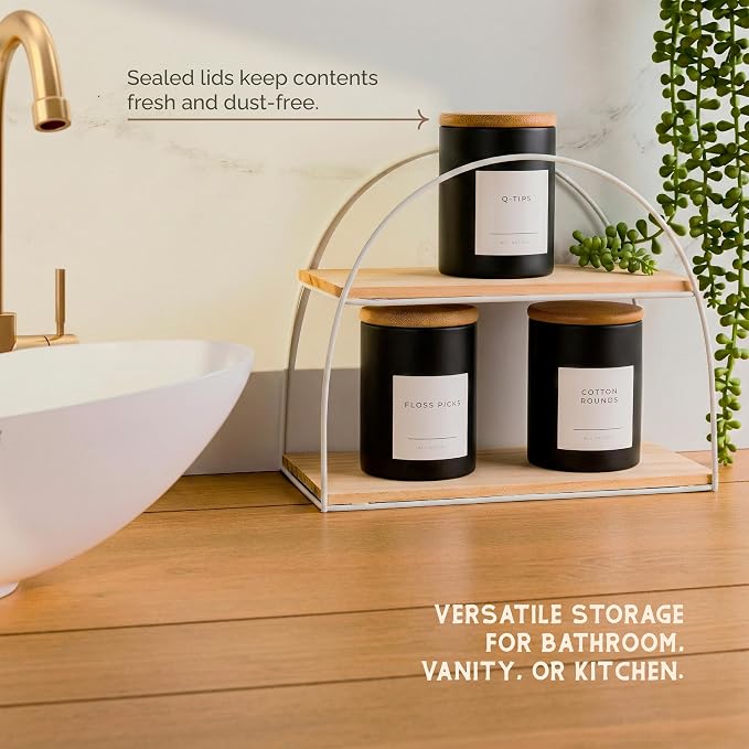 Mini Glass Apothecary Jars with Bamboo Lids, Small Bathroom and Kitchen Storage Containers, For Cotton Balls, Pads and Swabs, 10 oz, Set of 3 (Matte Black)