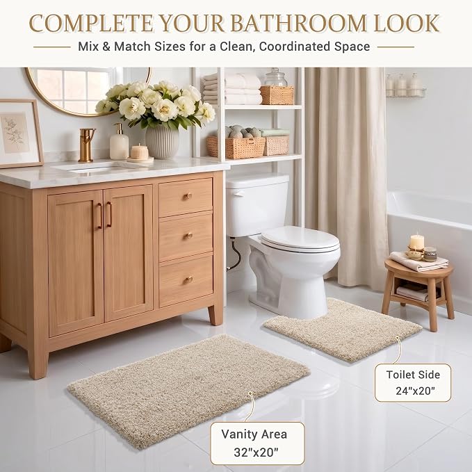 Yimobra Bath Rugs for Bathroom 32X20, Ultra Soft and Water Absorbent Bath Mats, Non Slip Plush Shower Mat Outside, Microfiber Mats for Bathroom Floor/Tub, Machine Washable, Light Beige and White
