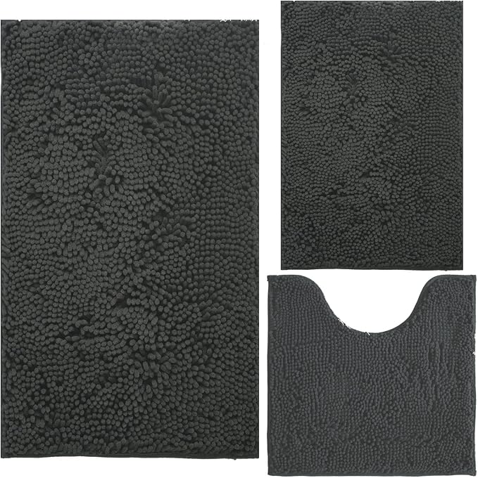 BOANKODU Bathroom Rugs Chenille Bath Mat Set 3-Piece Bath Rugs for Bathroom Extra Soft Bath Mats for Bathroom Non Slip Absorbent Shag Machine Washable, Strong PVC Underside (Grey)