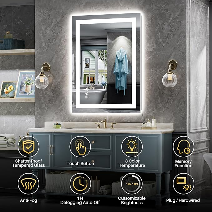 Briivue 24x36 Inch LED Bathroom Mirror with Lights, Backlit & Front Lit | Anti-fog, 3 Color Dimmable, Memory Function, HD Reflection Tempered Glass, ETL Listed, IP54 Waterproof