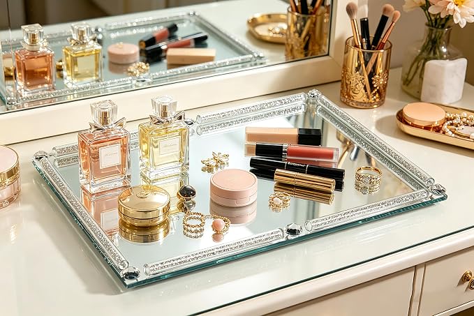 Large Mirror Perfume Tray for Dresser,Crushed Diamond Filled Glass Vanity Tray,Decorative Bathroom Tray,Crystal Tray for Home Decorative,Party,Hotel Banquet,15.7x11.8x1.4inch,Silver