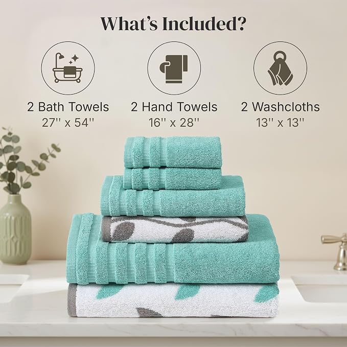 Modern Threads 6 Piece Bath Towel Set – Bathroom Set with 2 Bath Towels, 2 Hand Towels, and 2 Wash Cloths – 100% Cotton, Super Absorbent & Extra Soft – Reversible Natural Vine (Aqua)