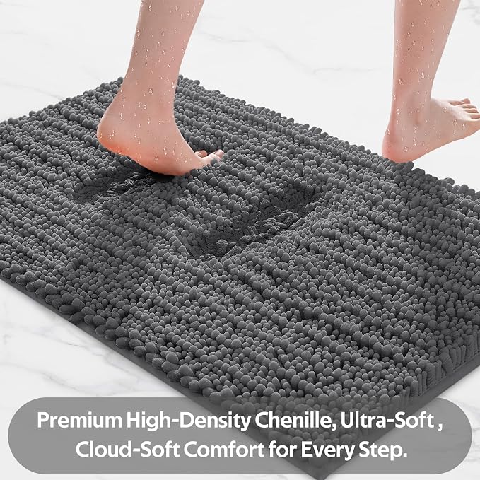 ACCUMTEK Upgrade Luxury 2 Piece Dark Gray Toilet Bathroom Rug Mat 48"x20"+24"x17", Ultra Soft Thick Absorbent Bath Mats, Non Slip Chenille Toilet Mat for Bathroom, Bedroom, Kitchen, Shower, Tub
