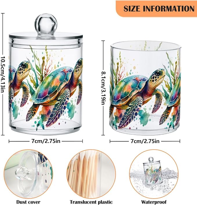 2 Pack Qtip Holder Dispenser for Cotton Ball, Swab, Round Pads - Turtle Watercolor Clear Plastic Acrylic Jar Set Bathroom Canister