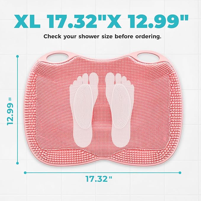 XL Silicone Shower Foot Scrubber Mat with Suction Cups, Foot Washer for Shower, Foot and Back Scrubber for Smooth Shower Wall or Floor, Pink, 17.3 x 12.9 in