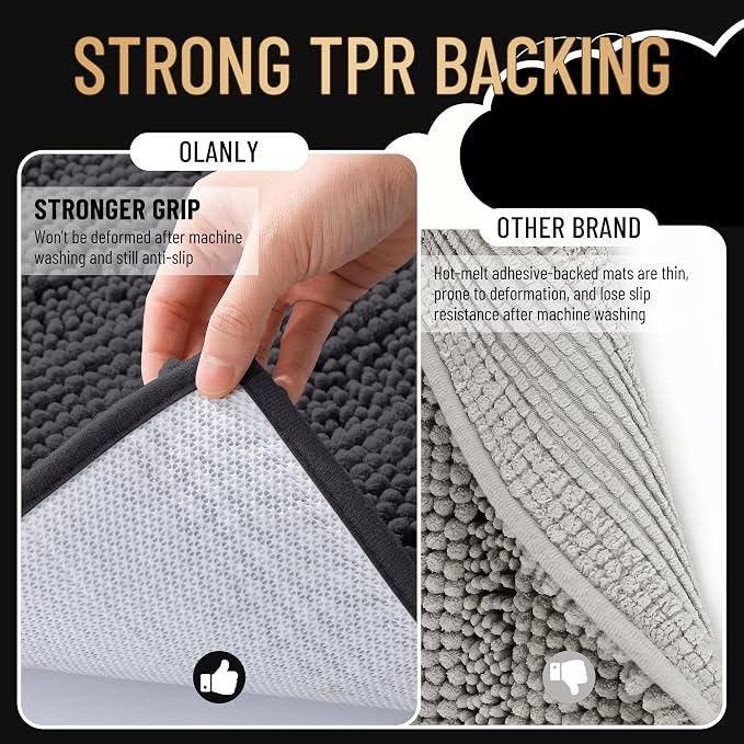 OLANLY Thick Chenille Bathroom Rugs Sets 3 Piece, 30"x20"+24"x16"+24"x20" | Dark Grey, Absorbent Bath Mats and U-Shaped Contour Toilet Rug, Home Decor Accessories, Bath Mat Set for Bathroom