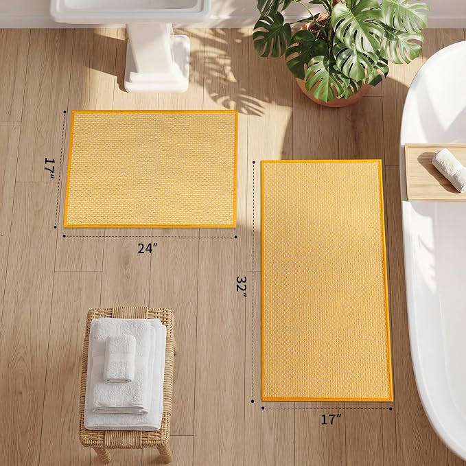 YIHOUSE Thin Bath Mat Yellow Bathroom Rugs Sets 2 Pieces, Non Slip Absorbent Mats Quick Dry, Woven Rugs Washable, Tapetes para Baño for Bathroom Toilet,Bathtub(17"x24"+17"x32")