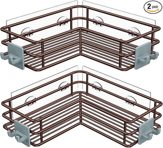 Nieifi Adhesive Corner Shower Caddy Shelf Basket Rack with Hooks, Rust Proof Stainless Steel Bathroom Shelf Shampoo Holder No Drilling (Brown)