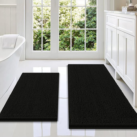 Smiry Chenille Bathroom Rugs Sets 2 Piece (47x20+30x20, Black) | Soft Absorbent Machine Washable Non Slip Shaggy Bath Rug Set for Tub, Shower, and Floor, Home Decor