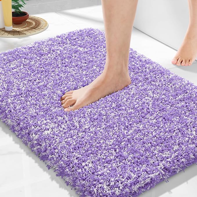 Yimobra Bathroom Rugs Non Slip Washable, Ultra Soft and Water Absorbent Bath Mats, Plush Fluffy Shower Mat Outside, Microfiber Thick Matts for Bathroom Floor/Sink, 24X17, Purple and White