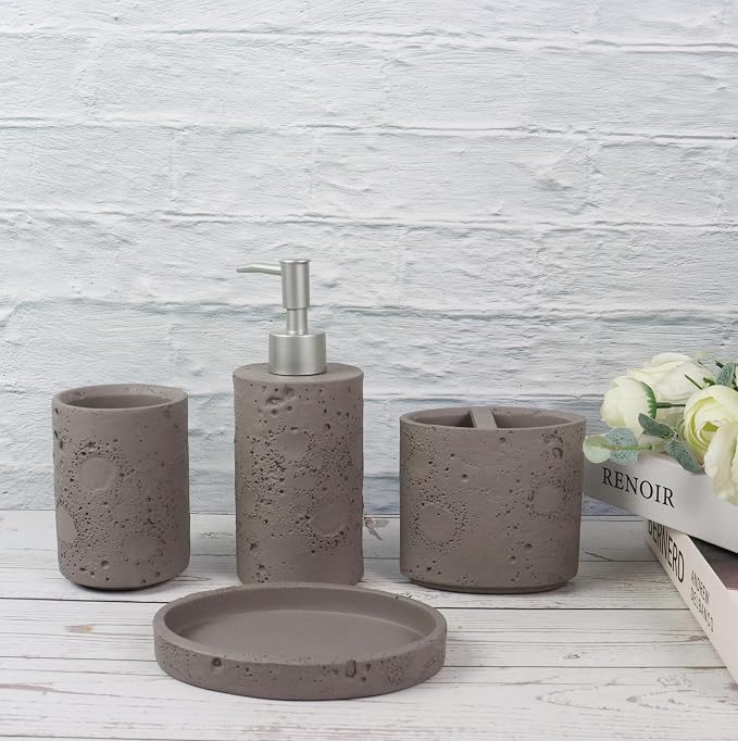 Hymmah Meteorites Bathroom Accessories Set,Farmhouse Bathroom Decor,4 Pcs Resin Gift Set Apartment Necessities, Contain Cotton Swab Jar,Soap Dispenser,Tumbler，Soap Dish/Tray