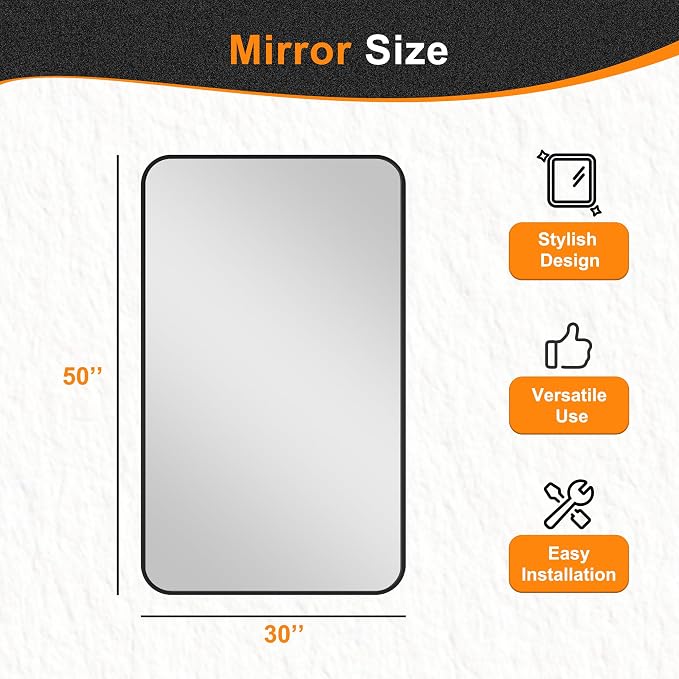 Delma Bathroom Vanity Mirror, Black Framed Mirror for Over Sink, 50x30 | HD glass, distortion-free for makeup and grooming, Sturdy frame, all mounting hardware, hangs horizontal or vertical
