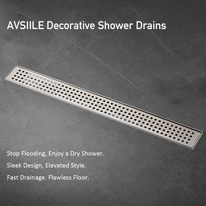 AVSIILE Linear Shower Floor Drain, Brushed Nickel 18 Inch 304 Stainless Steel Bathroom Drains Kit, Long Rectangular Shower Trench Drain with Square Pattern Drain Cover & Hair Catcher