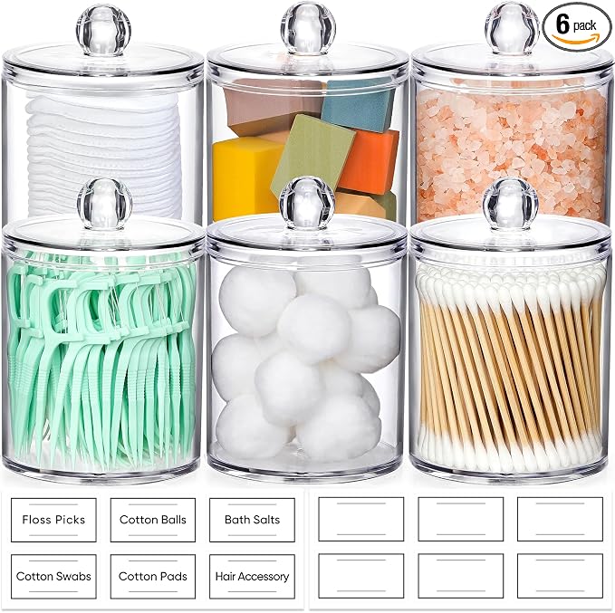 6 Pack Acrylic Qtip Holder Dispenser for Cotton Swabs, Balls, Floss Picks | Thick, Highly Clear, w/ Labels - Small Canister Apothecary Jar Set, Bathroom Decor Essentials, Shelf Vanity Storage Organizer