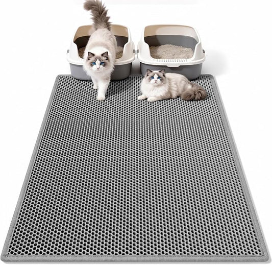 Pieviev Cat Litter Mat, Double-Layer Waterproof Litter Trap, 36" x 30" Gray | Honeycomb Design Catches Scattered Particles to Stop Tracking, Urineproof Base Protects Floors, Easy to Clean