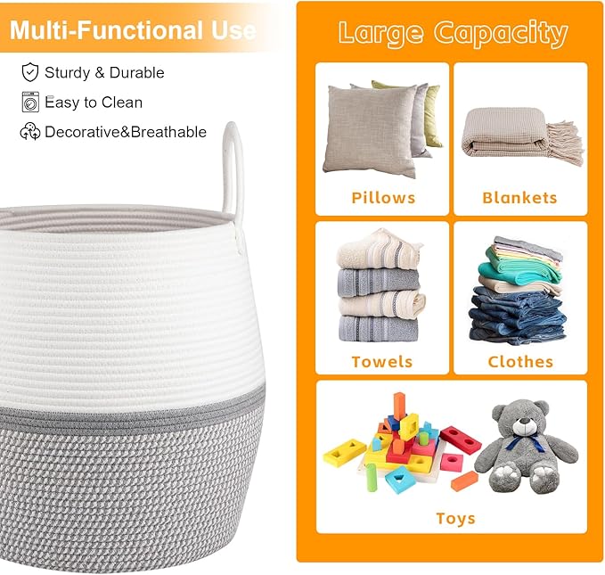 OIAHOMY 60L Blanket Basket with Handle, Storage Basket for Living Room, Laundry Hamper for Clothes, Towels, Pillows, Toy Storage for Kids and Dogs, Baby Hamper for Nursery - Grey & White