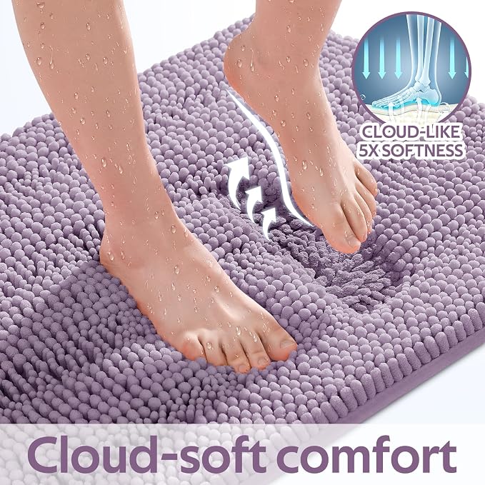 ACCUMTEK Striped Lavender Bathroom Rug Set 3 Pieces Ultra Soft, Non Slip Chenille Toilet Mat, Absorbent Plush Shaggy Bath Mats for Bathroom, Bedroom, Kitchen, Mauve