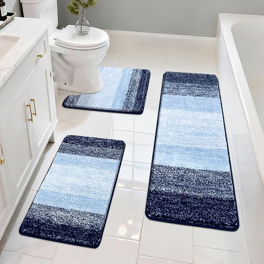 Pauwer 3 Piece Bathroom Rug Set, Microfiber Non Slip Bath Mats, Navy Blue | Machine Washable, Quick Dry, Ultra Absorbent Floor Carpet, Plush Shower Rugs, U-Shaped Contour Toilet Mat