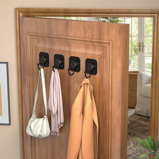 Aikzik 4 Pack Large Heavy Duty Wall Hooks - 26lb Max, Stainless Steel Adhesive Towel Hook, Shower Hooks for Hanging Towel, Coat, Robe, Wall Hook for Use in Bathroom, Kitchen and Door, Matte Black