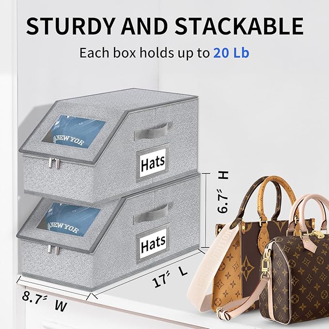 Stackable Hat Storage for Baseball Caps - Hat Organizer with Clear Window | 2PCS Stackable Storage with Clear Window Lid, Flip-Top Access, Space-Saving Hat Box for Closet, Breathable Fabric