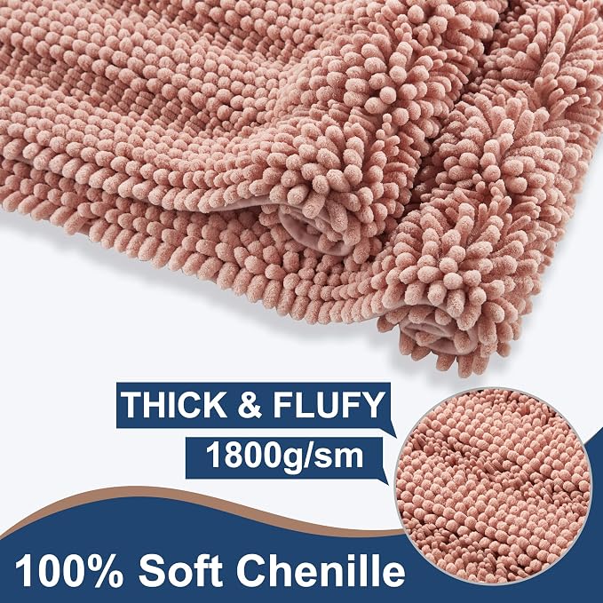 Non Slip Thick Shaggy Chenille Bathroom Rug Sets 2 Piece, Thickened Hot Melt Rubber Bottom Bath Mats for Bathroom, Bath Rugs Quick Dry Machine Washable for Shower (Coral Pink, 47"x17" Plus 17"x24")