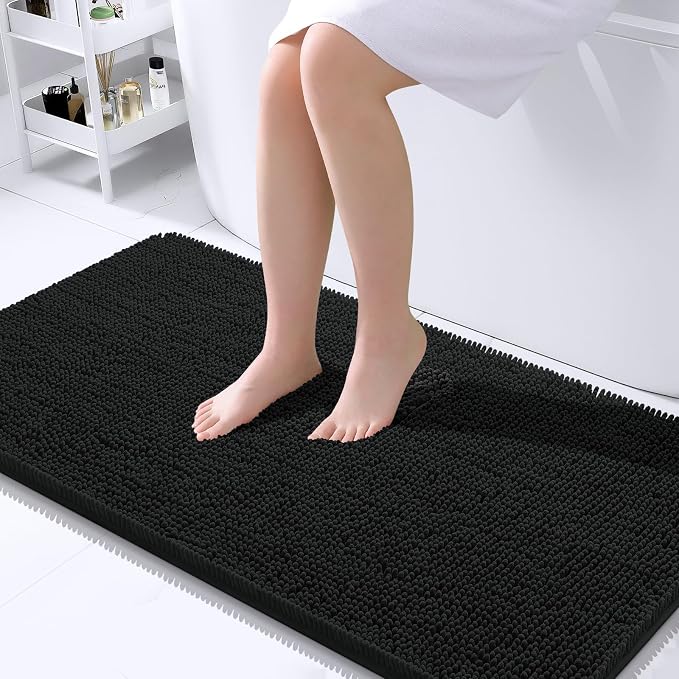 OLANLY Bathroom Runner Rugs 45x27, Extra Soft Absorbent Chenille Bath Rugs | Black, Quick-Drying Rubber Backing, Machine Washable Long Bath Mat for Bathroom Floor, Tub and Shower, Home Decor Accessories