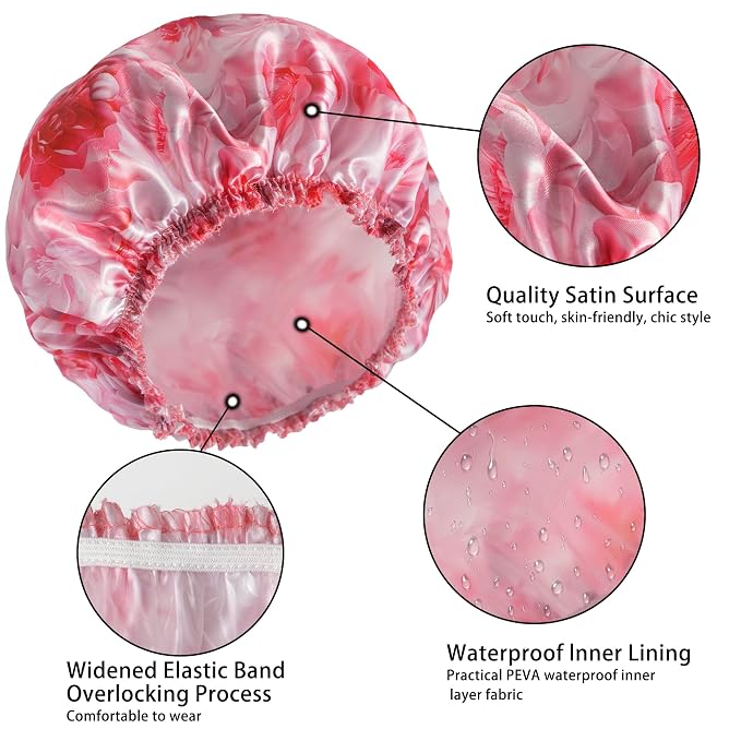 Shower Caps for Women, 4 PCS Reusable Waterproof Bath Cap | Double Layer, Washable, Wide Elastic Band, Holds Long Hair, Caps for Bath Accessories, Spa, Travel Home - Flower