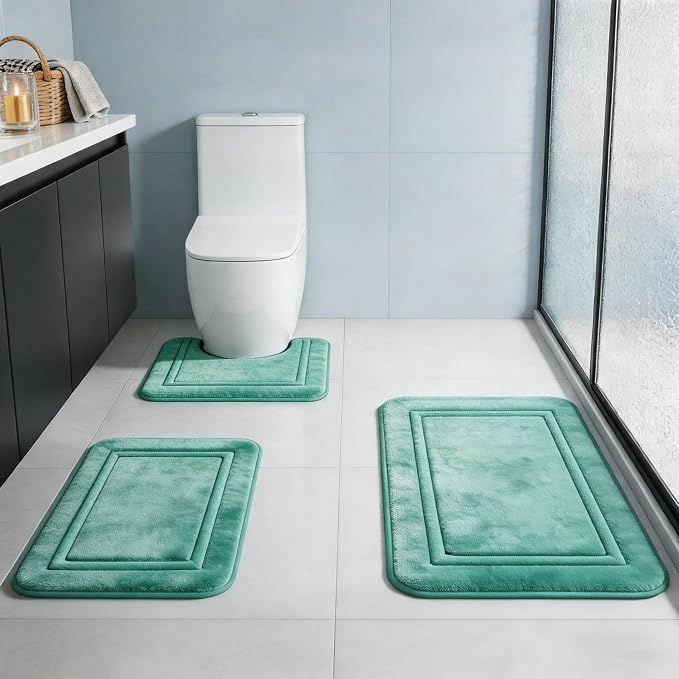Bathroom Rugs Set 3 Piece Memory Foam, Bordered Toilet Rug, Non-Slip Teal | Coastal & Boho Decor — Rich Teal bath mats, absorbent and washable, with a U-shaped toilet mat.