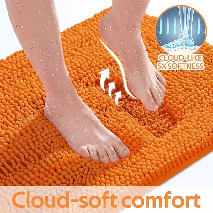 ACCUMTEK Striped Orange Bathroom Rug Set 3 Pieces Ultra Soft, Non Slip Chenille Toilet Mat, Absorbent Plush Shaggy Bath Mats for Bathroom, Bedroom, Kitchen