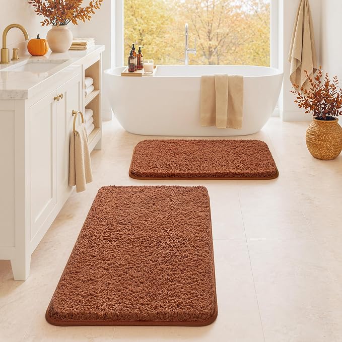 MIULEE Fall Burnt Orange Bathroom Rugs Set 2 Piece Soft Bath Mats 16x24 | Soft Absorbent Microfiber Bath Rugs, Non Slip, Quick Dry, Fluffy Bath Rugs for Bathroom Floor Tub Showers, Machine Washable