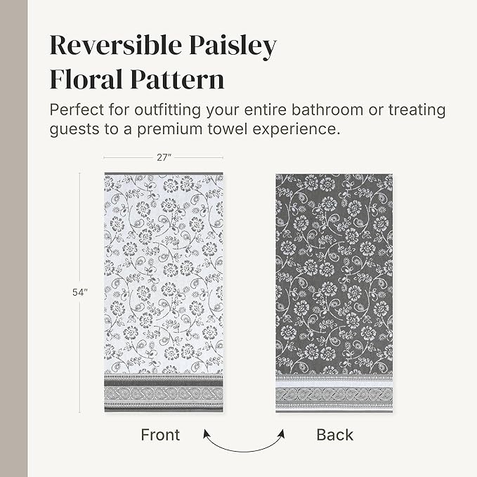 Modern Threads 6 Piece Bath Towel Set – Bathroom Set with 2 Bath Towels, 2 Hand Towels, and 2 Wash Cloths – 100% Cotton, Super Absorbent & Extra Soft – Reversible Floral Trail (Gray)