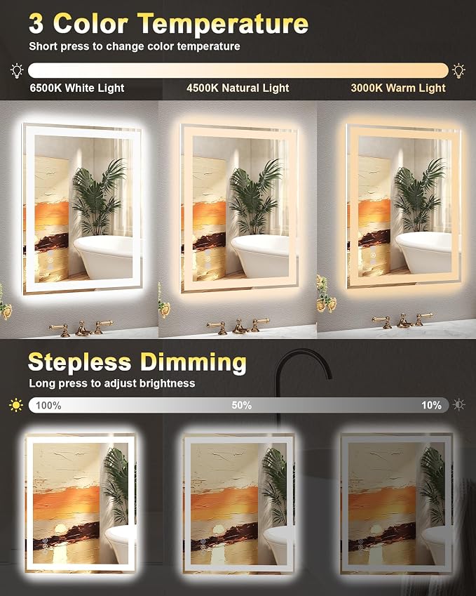 40x32 LED Bathroom Mirror, 6000LM, Separate Front and Back Lights | Shatter-Resistant Tempered Glass,Auto-Off Defogger,3 Color Modes,Smooth Dimming,Smart Memory Setting