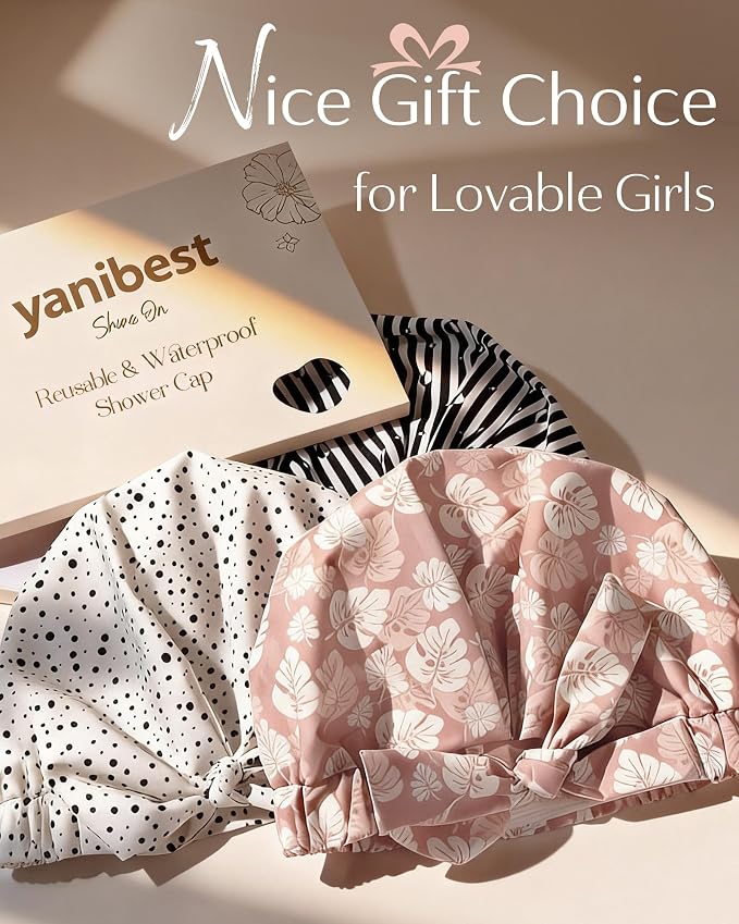 Yanibest Shower Cap for Women Reusable Waterproof, Adjustable Hair Cap | Non-Slip, Durable & Cute Washable Bath Hair Hat